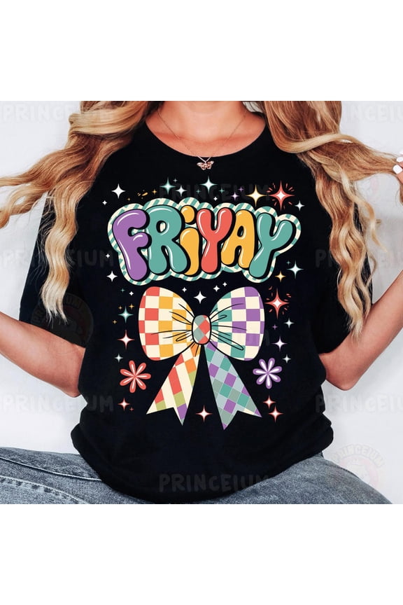 Friyay Shirt, Colorful Retro Bow, Fun Friday Vibes, Checkered Rainbow Weekend Art Printable Shirt