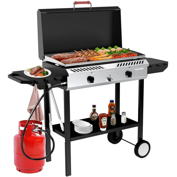 Frizi 2 Burner Gas Stove with Griddle, 150,000 BTU Propane Stove with Auto Ignition & Regulator, High-Pressure, Cast Iron