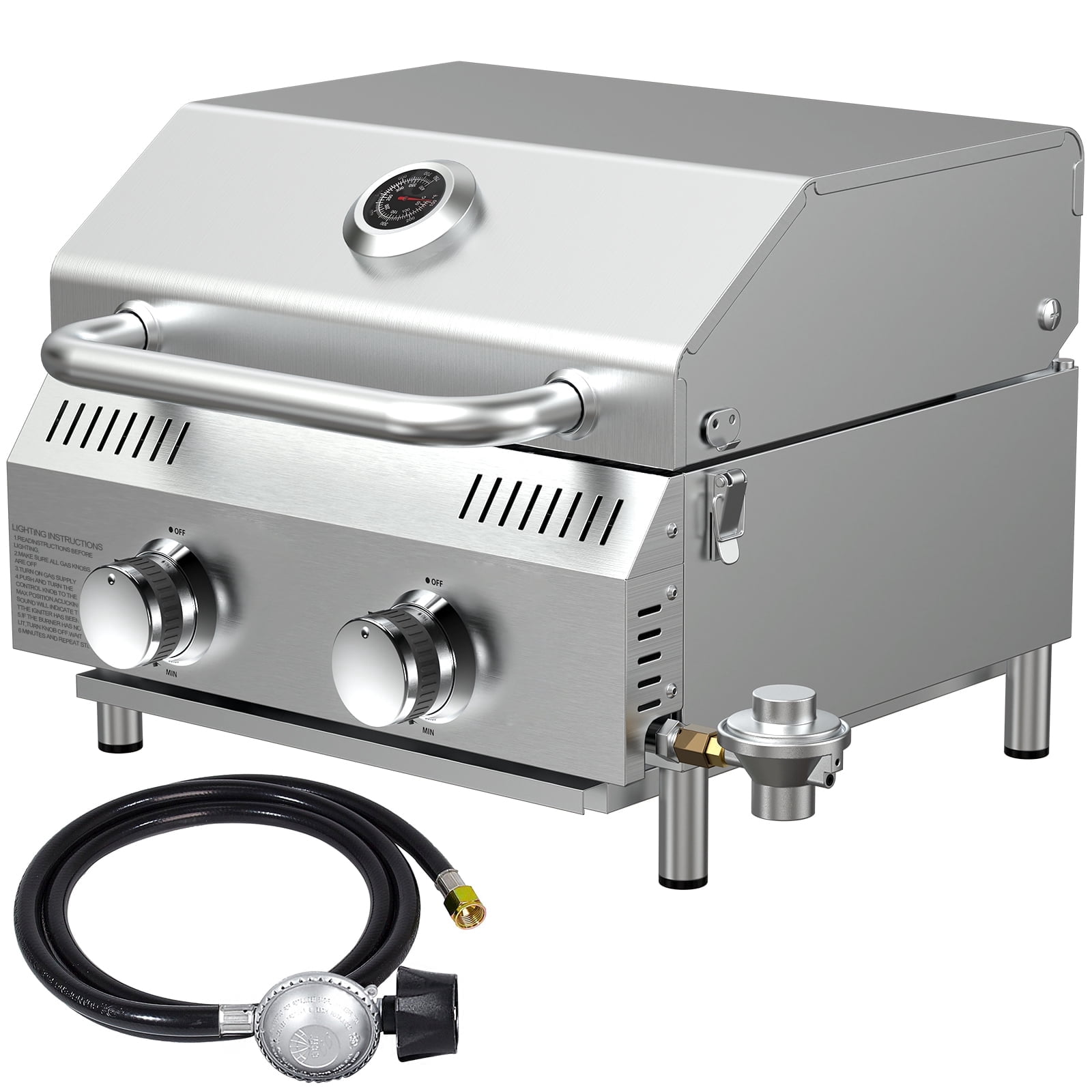 Frizi 2 Burner Propane Gas Grill with Dual Fuel Adapter,20000 BTU Stainless Steel Portable Tabletop Grill for Outdoor Barbecue Camping Cooking RV