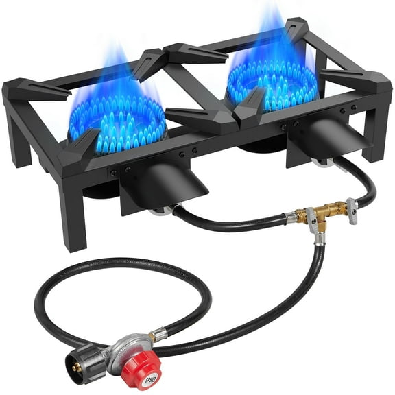 Frizi 300,000 BTU Double Propane Burner - High Pressure Outdoor Gas Camping Stove with Adjustable Regulator & Hose