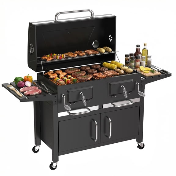 Frizi Charcoal Grill Outdoor BBQ  Cooking Grill with2 Individual Lifting Charcoal Trays and 2 Foldable Side Tables