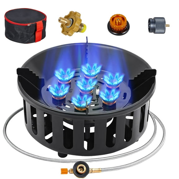 Frizi One Burner Camping Stove, 72,000 BTU Propane Gas Stove, Windproof, Extended Hose & 3 Adapters, Carrying Bag