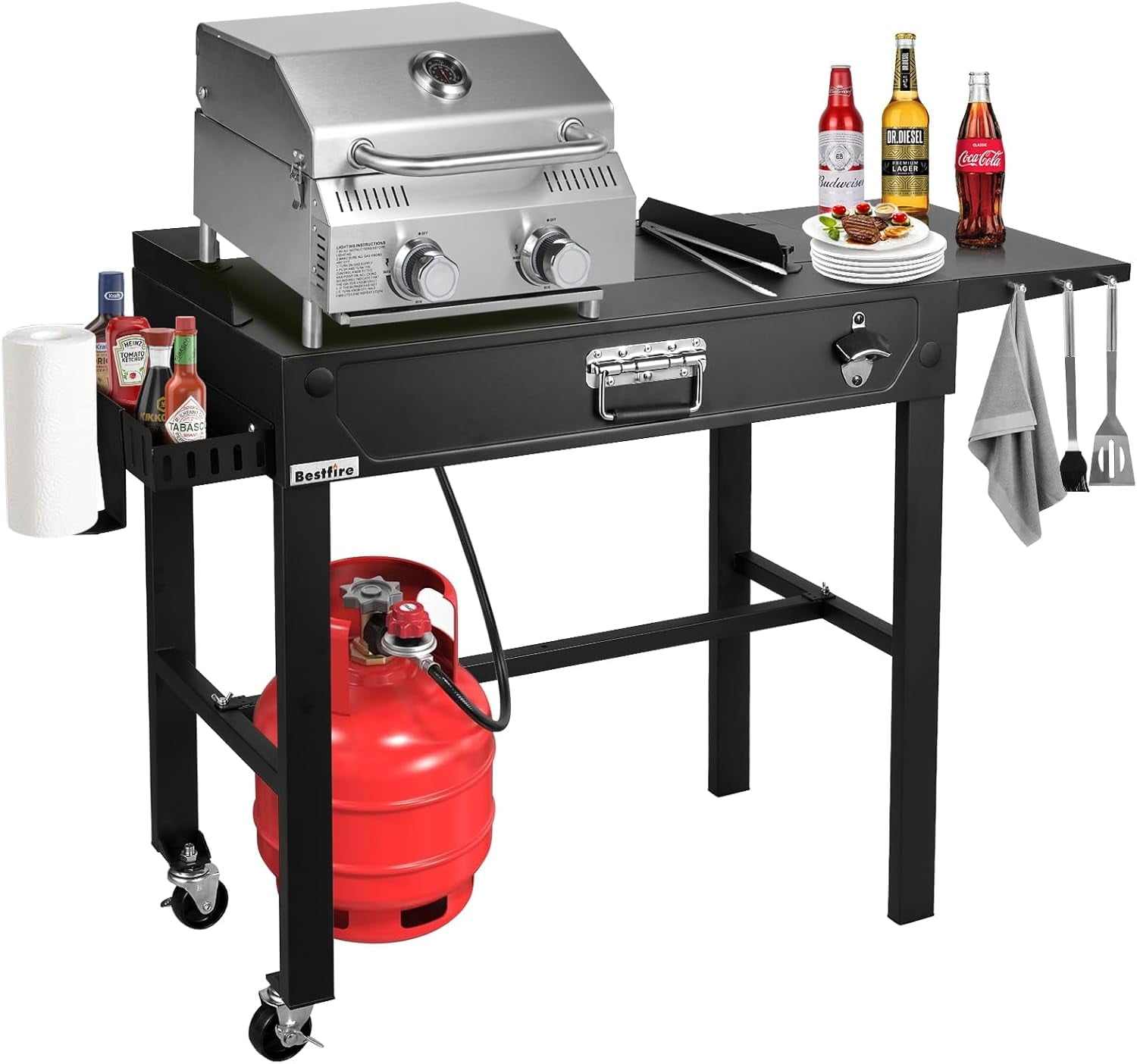 Frizi Outdoor Grill Table with 2-Burner Propane Gas Grill, Portable Stainless Steel Cooking Station with Storage Shelves, Hooks, and Locking Wheels for Tailgating, Camping & Backyard BBQ