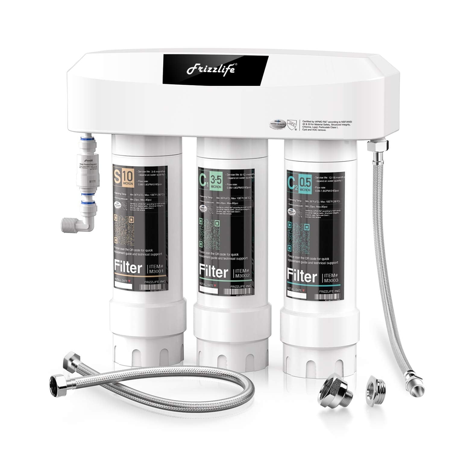 Frizzlife 3-Stage Inline Under Sink Water Filter System SK99-NEW, Direct Connect