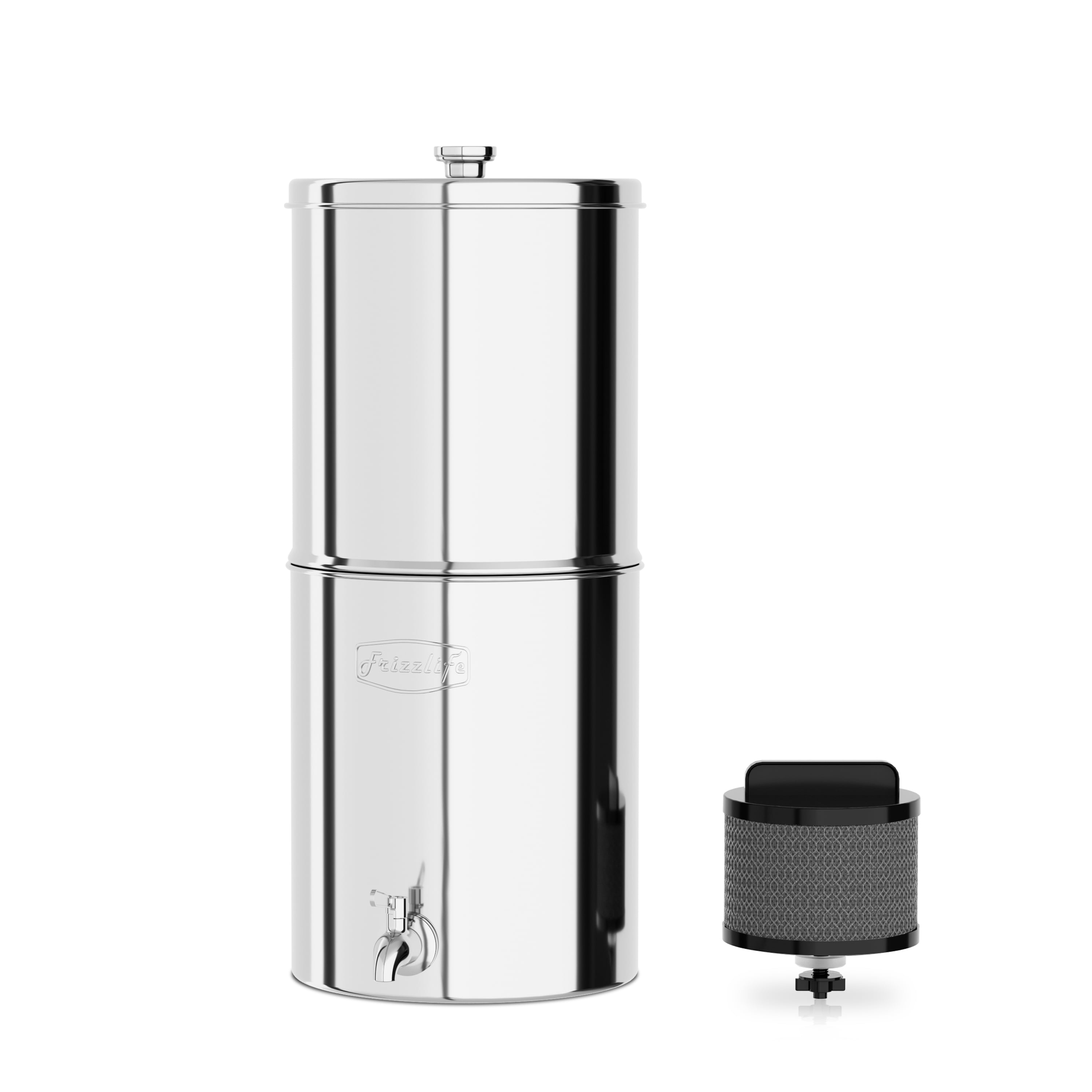 Frizzlife G210 Gravity-Fed Water Filter System, NSF Certified Element Reduces 99% Chlorine, Bad Taste & Odor, 10+ Impurities, 304 Stainless Steel Countertop System for Home, Emergency, 2.25G