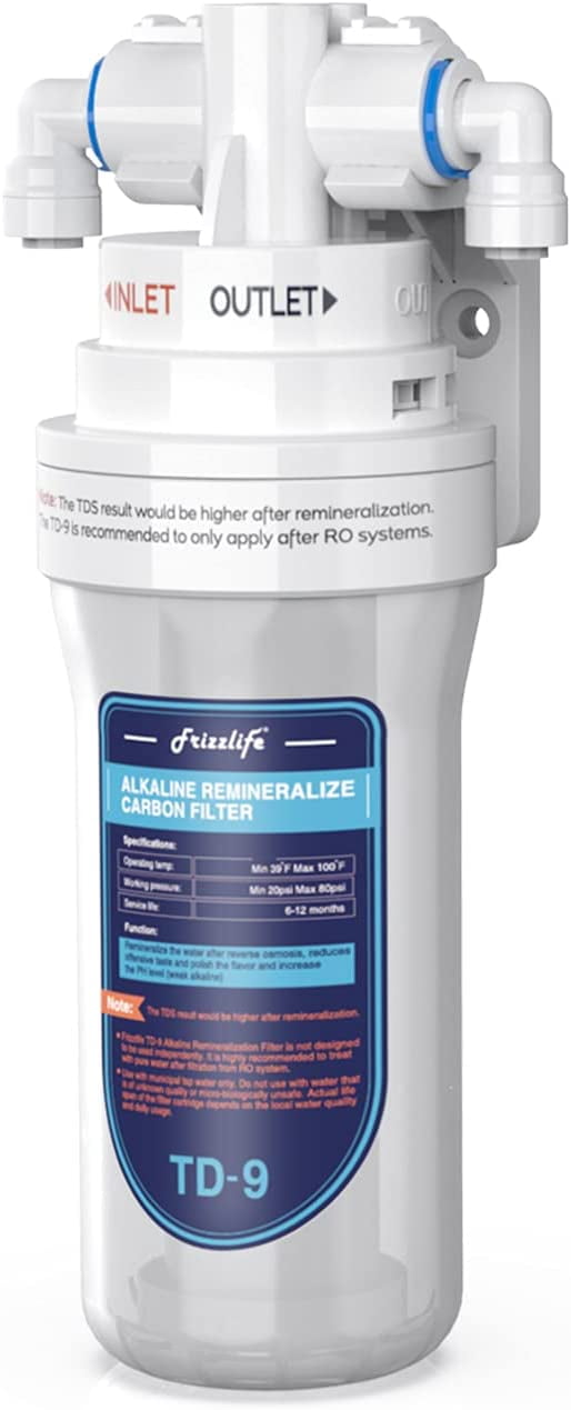 Frizzlife TD-9 Alkaline Remineralization Under Sink Inline Water Filter - Quick Twist Post Filter for RO System