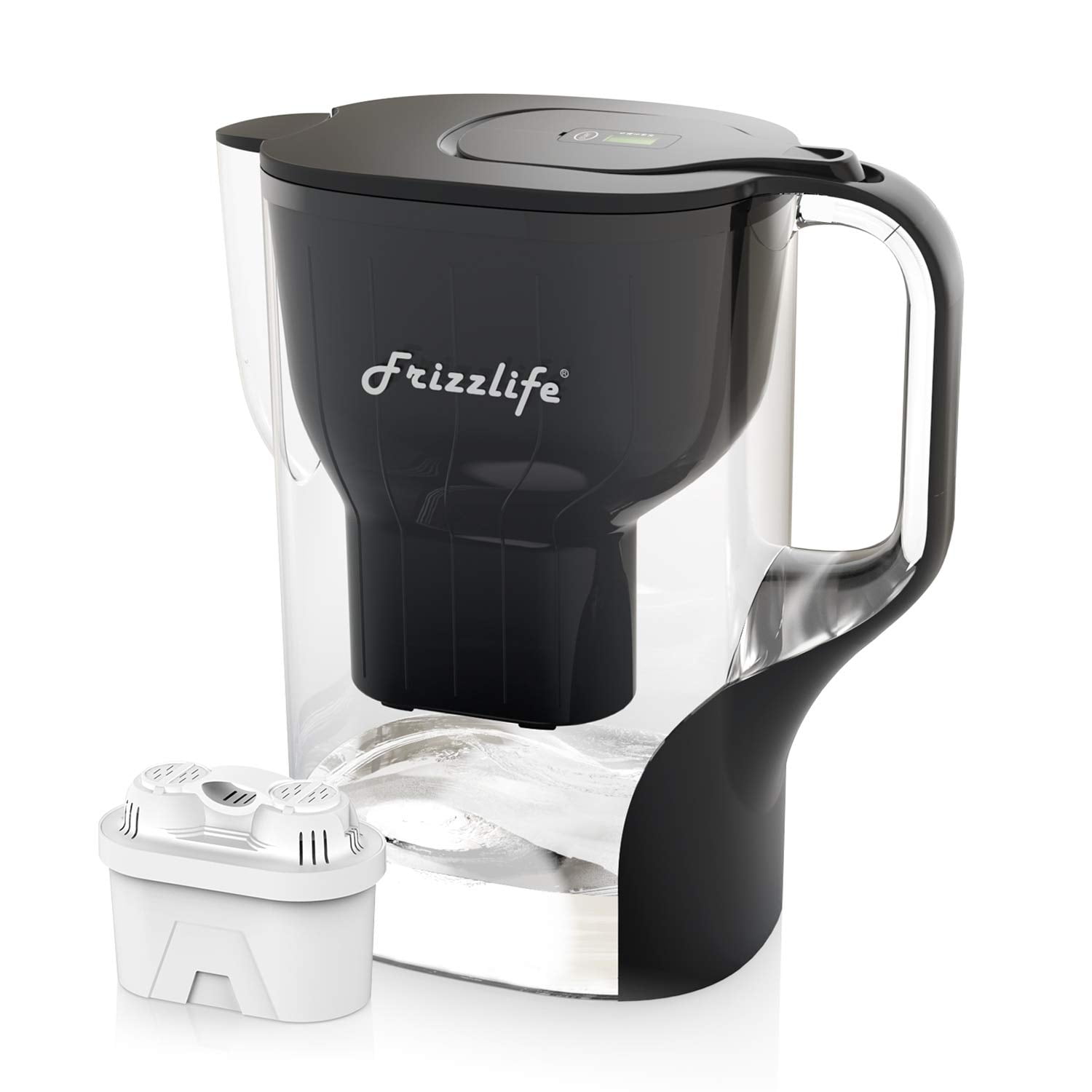 Frizzlife Water Filter Pitcher Large 10 Cup Purifier System with Filter Life Remind,Reduces Chlorine,Luxury Black