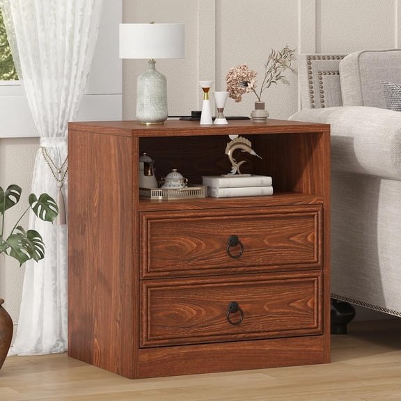Frmobepts 2 Drawer Nightstand with Charging Station, 21.7" Large Bedside Table Dresser for Bedroom, Living Room, Cherry