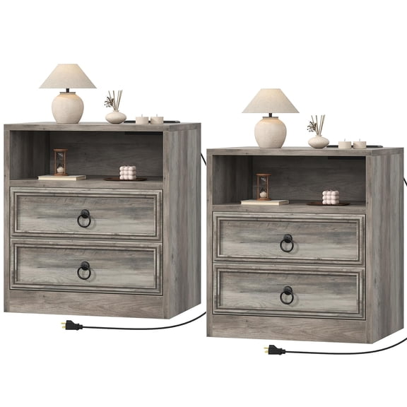 Frmobepts 2 Drawer Nightstand with Charging Station Set of 2, 21.7" Large Bedside Table Dresser for Bedroom, Living Room, Gray