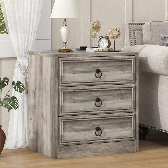 Frmobepts 3 Drawer Nightstand with Charging Station, 21.7" Large Bedside Table Dresser for Bedroom, Living Room, Grey