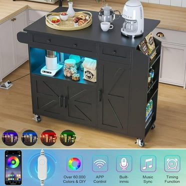 Frmobepts 39.4'' Kitchen Island Cart on Wheels, 2-Doors 2-Drawers Rolling Storage Cart with Adjustable Shelves & Rubberwood Countertop, Black