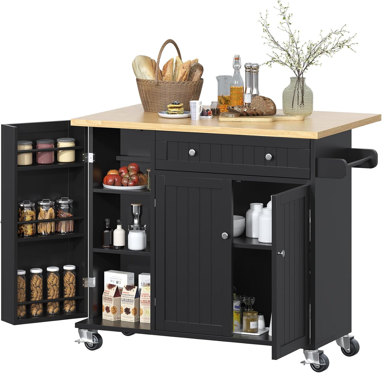 Frmobepts 41.3" Kitchen Island Cart Rolling Storage Cabinet Cart with Drawer & Rack,Black