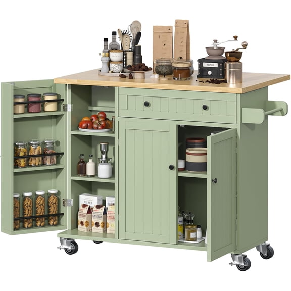 Frmobepts 41.3" Kitchen Island Cart Rolling Storage Cabinet Cart with Drawer & Rack for Dining Room,Green