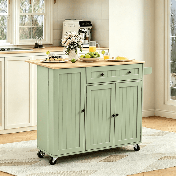 Frmobepts 41.3" Kitchen Island Cart Rolling Storage Cabinet Cart with Drawer & Rack for Dining Room,Green