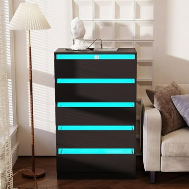 Frmobepts 5 Drawer Black Dresser with LED Lights & Power Outlets, Modern Storage Cabinet for Bedroom, White Chest of Drawers Wood Organizer for Living Room