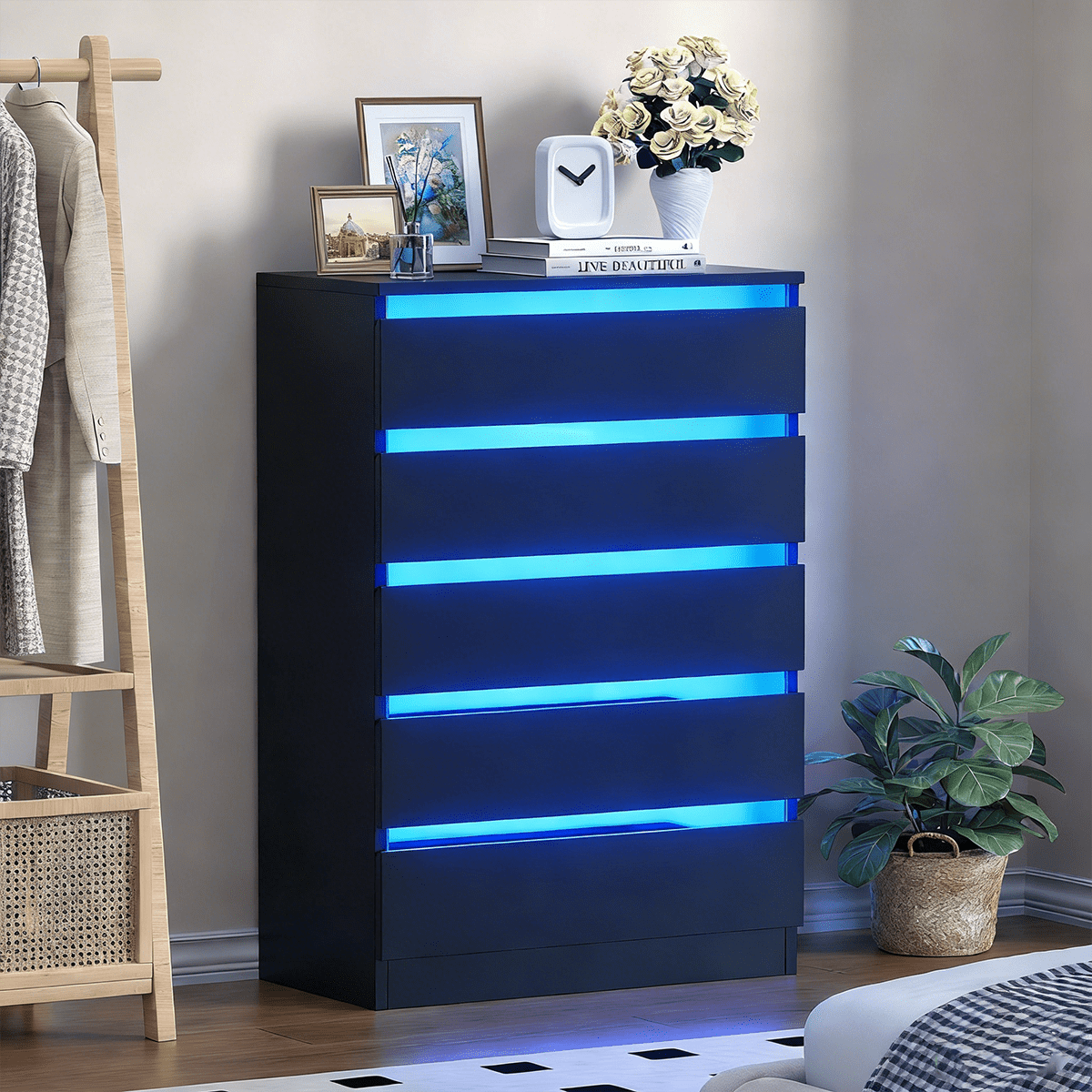 black dresser with led lights Sikaic Dresser Wide Dresser with LED Lights 6 Drawers Black Modern