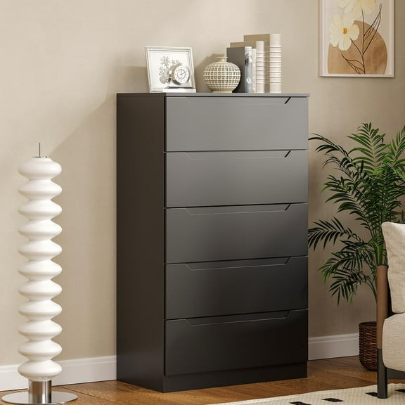 Frmobepts 5 Drawer Black Dresser, Modern Storage Cabinet for Bedroom, Chest of Drawers Wood Organizer for Living Room