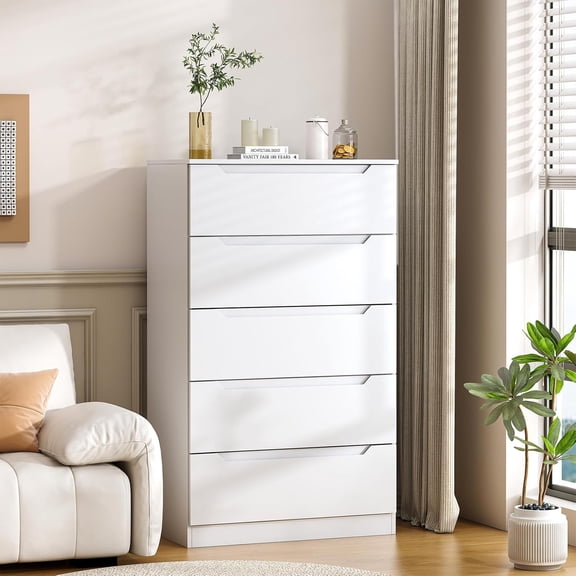 Frmobepts 5 Drawer White Dresser, Modern Storage Cabinet for Bedroom, Chest of Drawers Wood Organizer for Living Room