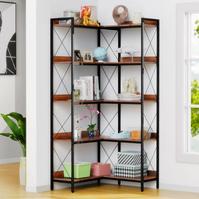 Frmobepts 5Tier LShaped Bookcase Storage Organizer, Tall Corner