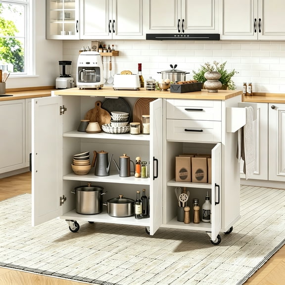 Frmobepts 43.3" Kitchen Island Cart Rolling Storage Cabinet Cart with Drawer & Rack,White