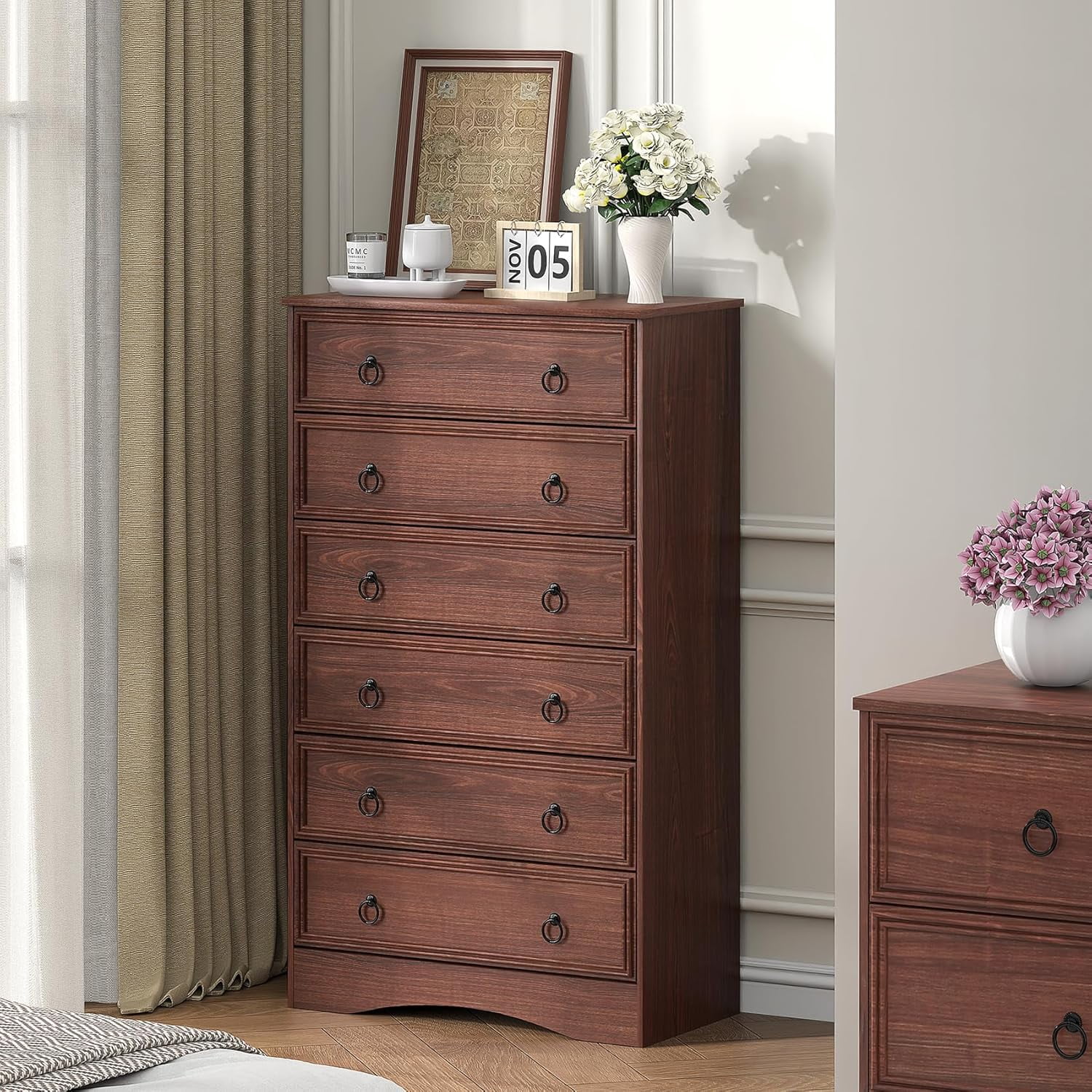 Frmobepts 6 Drawer Double Dresser for Bedroom, 26.8" Wide Dressers & Chests of Drawers with Large Capacity Storage, Dresser for Bedroom,Cherry