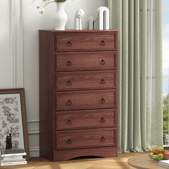 Frmobepts 6 Drawer Double Dresser for Bedroom, 26.8" Wide Dressers & Chests of Drawers with Large Capacity Storage, Dresser for Bedroom,Cherry