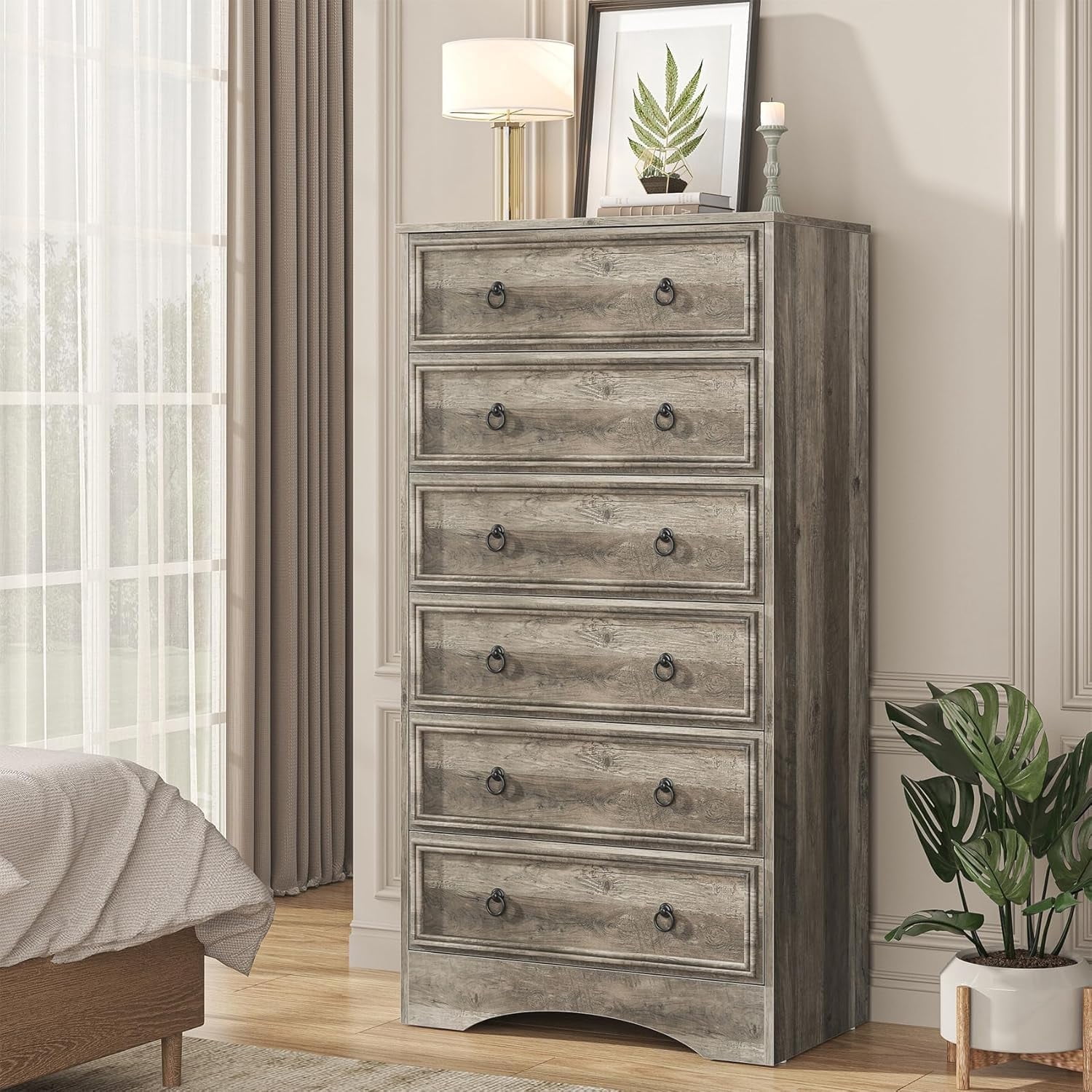 Frmobepts 6 Drawer Dresser Chest Tall Drawers Wood Cabinet for Bedroom, Gray Wash