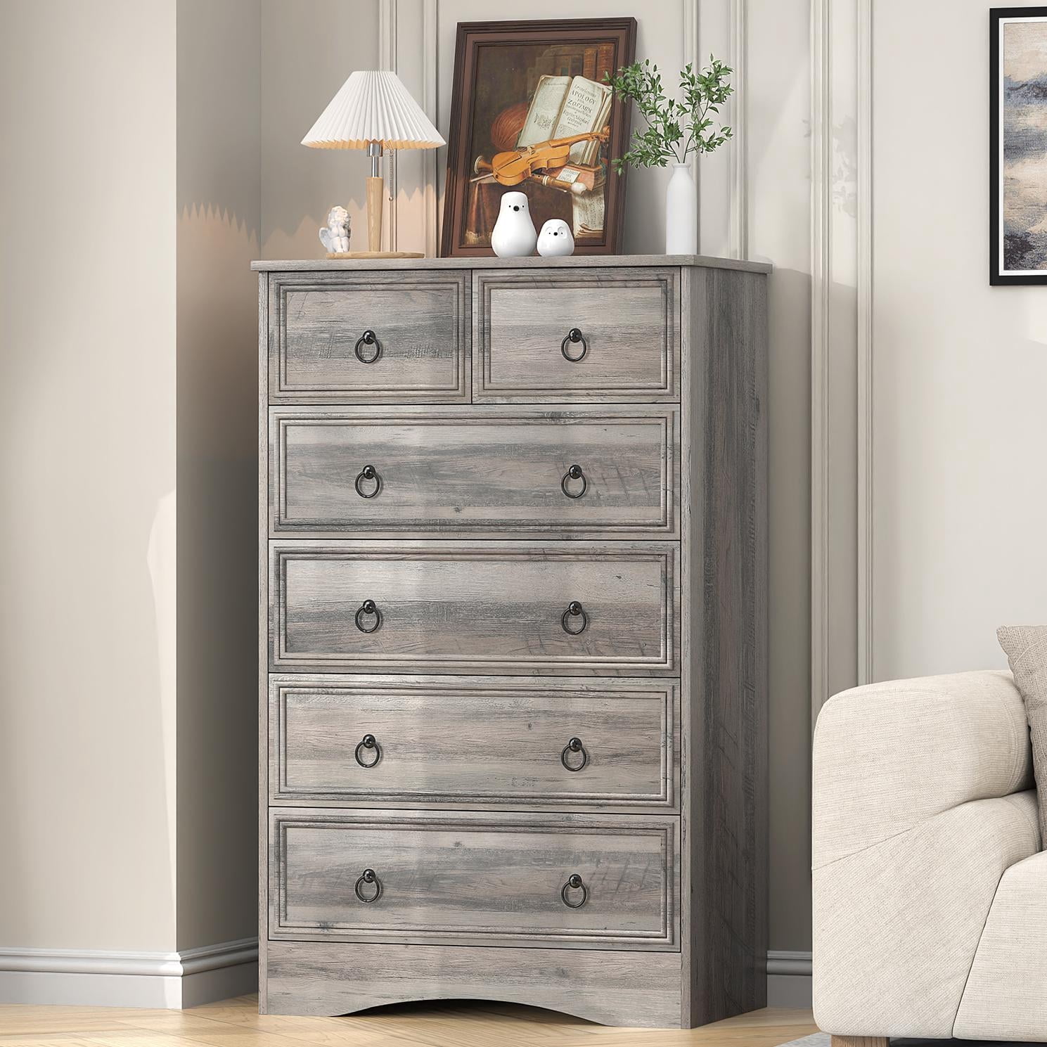 Frmobepts 6 Drawer Dresser, Tall Wood Chest of Drawers Dressers for Bedroom, Living Room, Gray