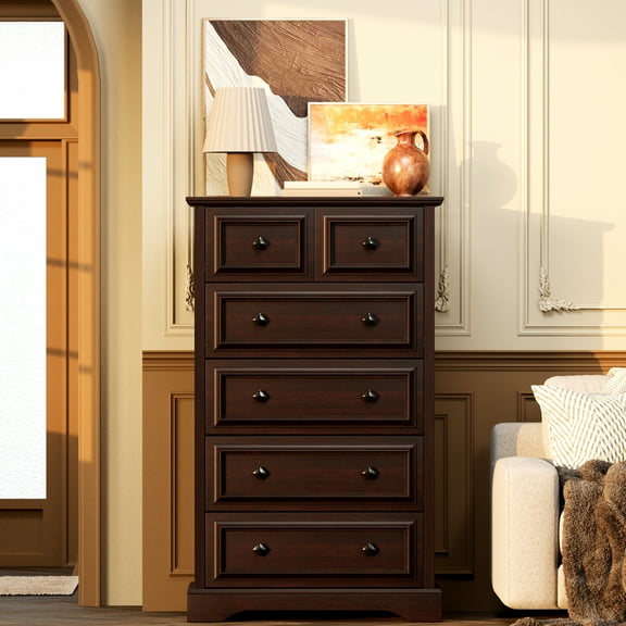 Frmobepts 6 Drawer Vertical Dresser for Bedroom, Modern Chest of Drawers Wood Storage Cabinet for Living Room,Cherry