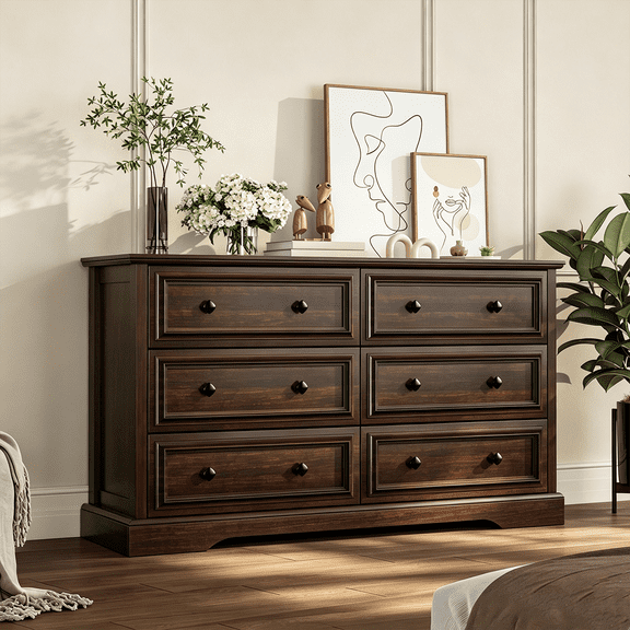 Frmobepts 6 Drawers Dresser Chests for Bedroom Farmhouse, Wood Rustic Tall Chest of Drawers, Cherry