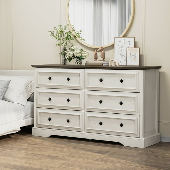 Frmobepts 6 Drawers Dresser Chests for Bedroom Farmhouse, Wood Rustic Tall Chest of Drawers, Ash White