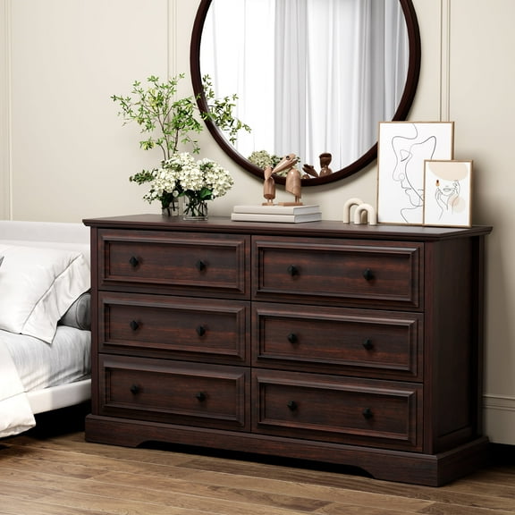 Frmobepts 6 Drawers Dresser Chests for Bedroom Farmhouse, Wood Rustic Tall Chest of Drawers, Cherry