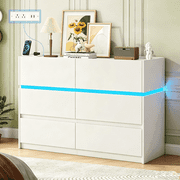 Frmobepts 6 Drawers Dresser with LED Lights and Charging Station, Modern Storage Tower Dressers and Chests of Drawers for Bedroom, Living Room, Entryway, White