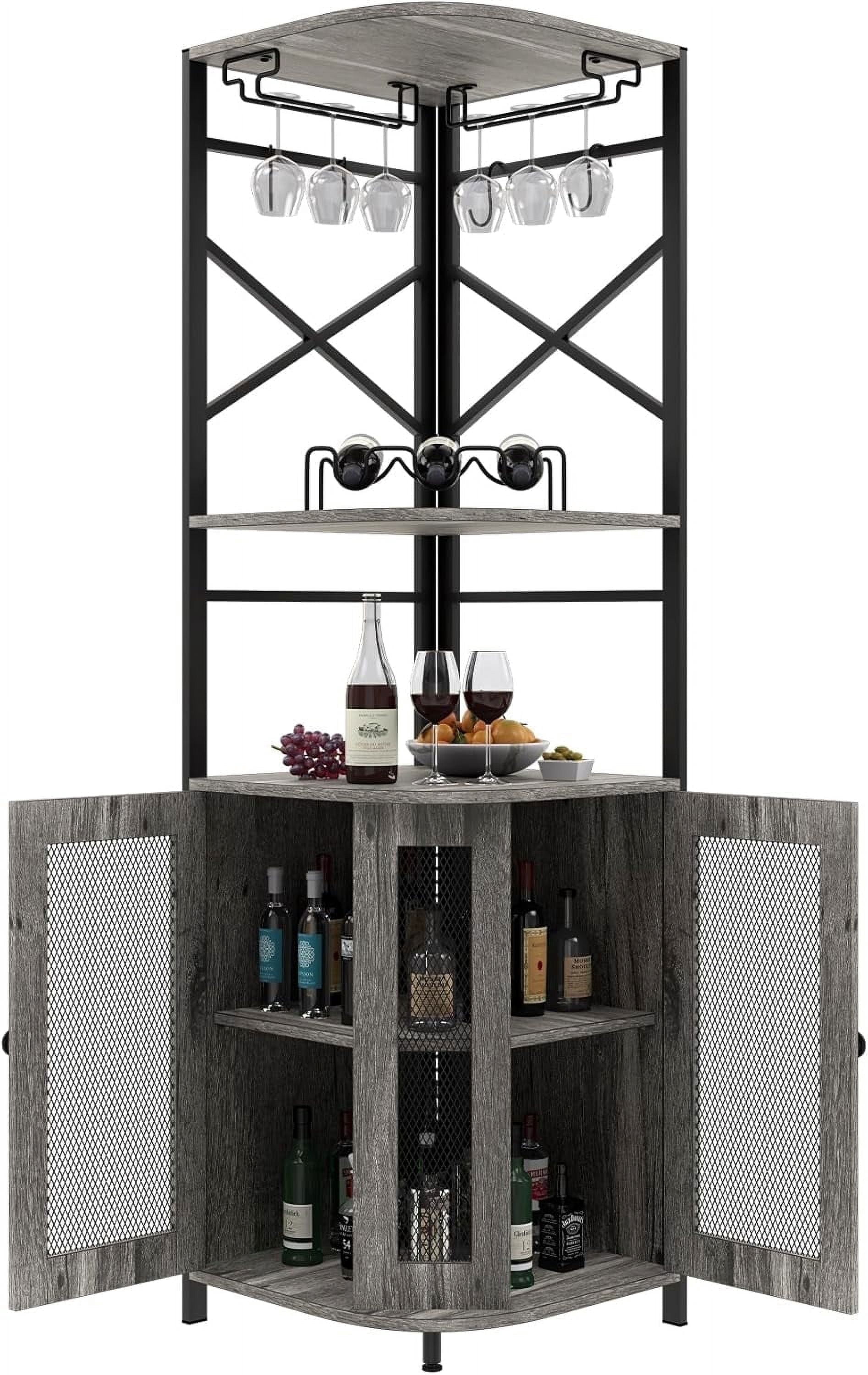 Frmobepts 6 Tier Corner Bar Cabinet with Glass Holder, Storage Cabinet with Door and Shelves , Corner Shelf with Wine Rack Display Shelves,Grey
