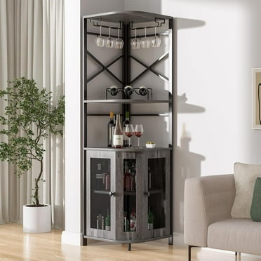Frmobepts 6 Tier Corner Bar Cabinet with Glass Holder, Storage Cabinet with Door and Shelves , Corner Shelf with Wine Rack Display Shelves,Grey