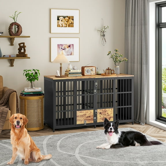 Frmobepts 63" Large Double Dog Crate Kennel Furniture with Divider and Trays for Small Medium Large Dogs Indoor, Retro