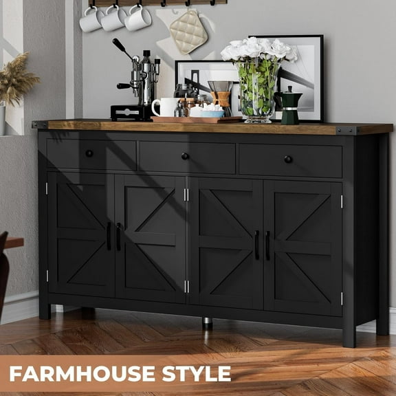 Frmobepts 63"W Kitchen Sideboard Credenza, 4-Doors 3-Drawer Wood Buffet Storage Cabinet with Adjustable Shelves,Black