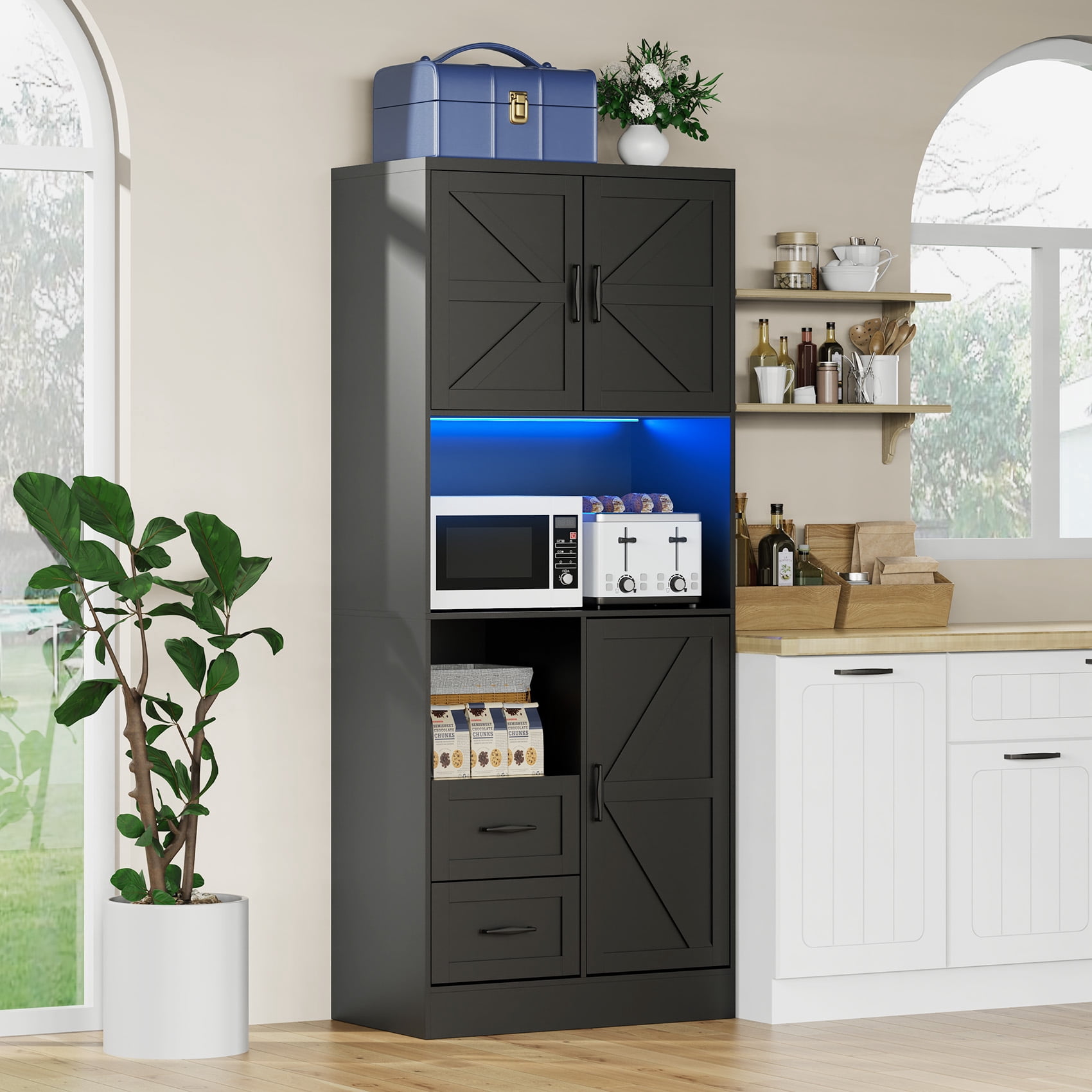 Frmobepts 68" Tall Kitchen Pantry with LED Lights, Free-standing Wood Storage Cabinet with Farmhouse Barn Doors for Dining Room, Black