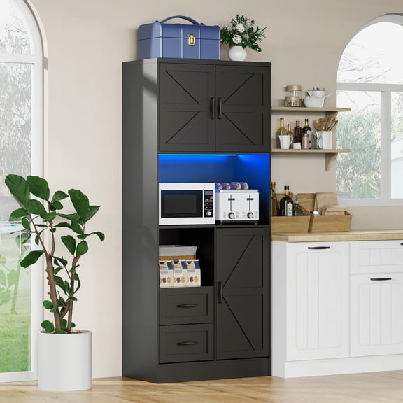 Frmobepts 68" Tall Kitchen Pantry with LED Lights, Free-standing Wood Storage Cabinet with Farmhouse Barn Doors for Dining Room, Black
