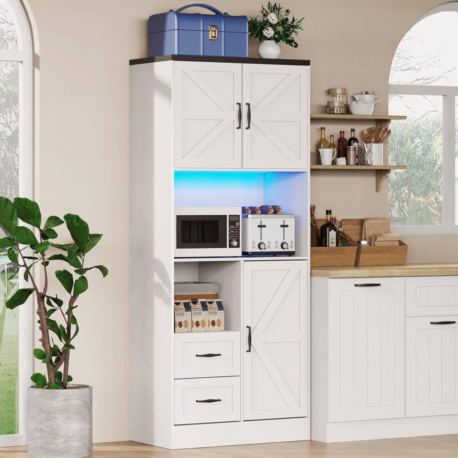Frmobepts 68" Tall Kitchen Pantry with LED Lights, Free-standing Wood Storage Cabinet with Farmhouse Barn Doors for Dining Room, White