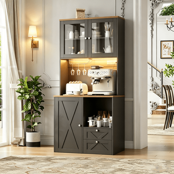 Frmobepts 71" Kitchen Pantry with LED Lights and Charging Station, Freestanding Kitchen Cupboard with Storage and Microwave Stand, Floor Cabinet for Dining Living Room, Black