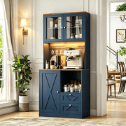 Frmobepts 71" Kitchen Pantry with LED Lights and Charging Station, Freestanding Kitchen Cupboard with Storage and Microwave Stand, Floor Cabinet for Dining Living Room, Blue