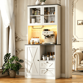 Frmobepts 71" Kitchen Pantry with LED Lights and Charging Station, Freestanding Kitchen Cupboard with Storage and Microwave Stand, Floor Cabinet for Dining Living Room, White