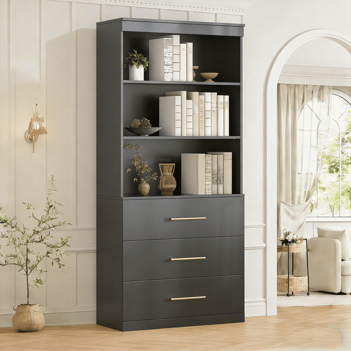Frmobepts 71" Tall Bookcases with 3 Large Drawers & 3 Shelves, Wooden Bookshelf for Living Room Office, Black