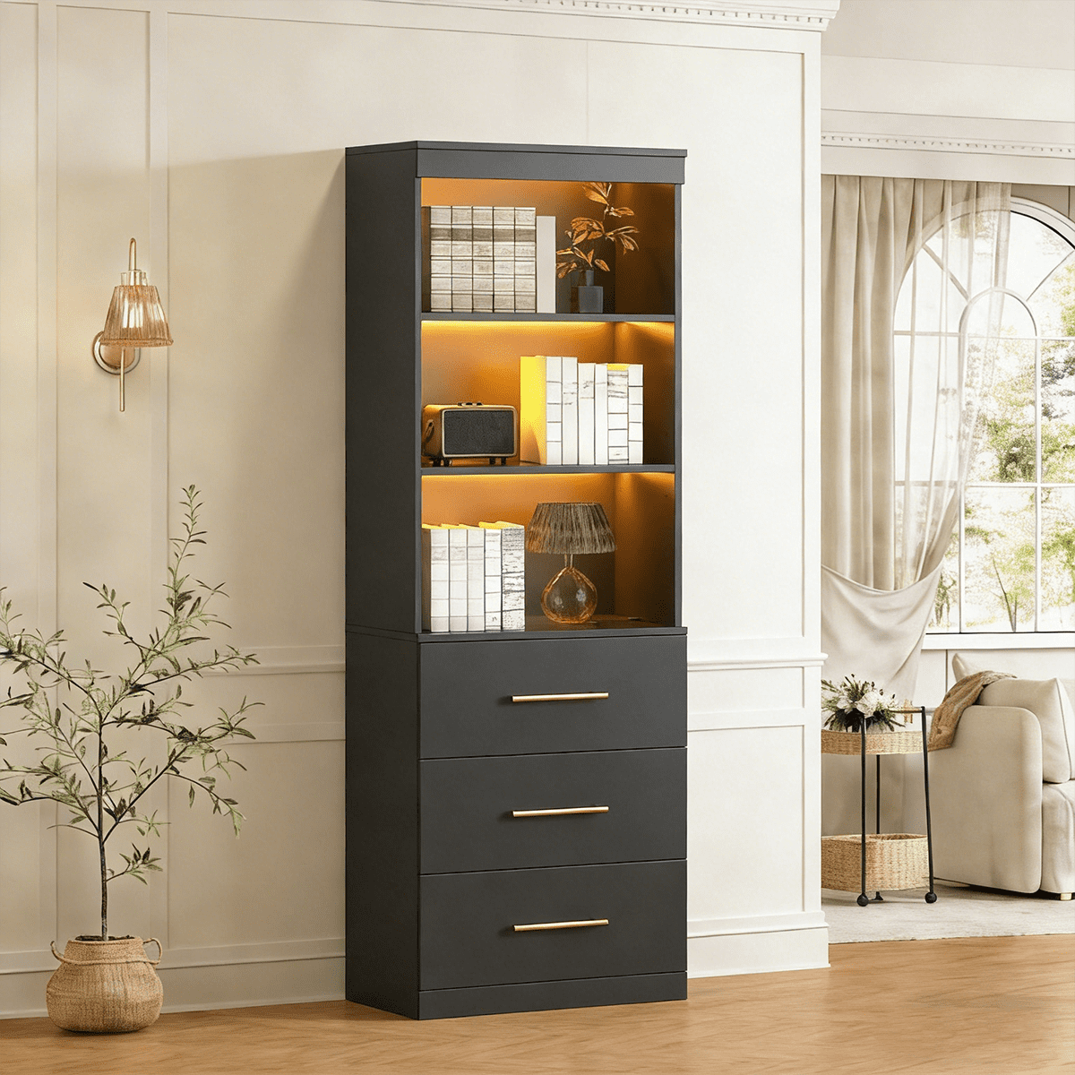 Frmobepts 71" Tall Bookcases with 3 Large Drawers & 3 Shelves, Wooden Bookshelf for Living Room Office, Black