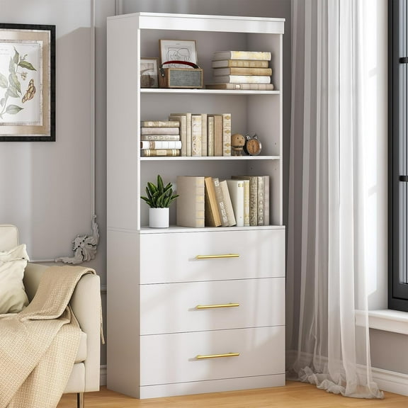 Frmobepts 71" Tall Bookcases with 3 Large Drawers & 3 Shelves, Wooden Bookshelf for Living Room Office, White