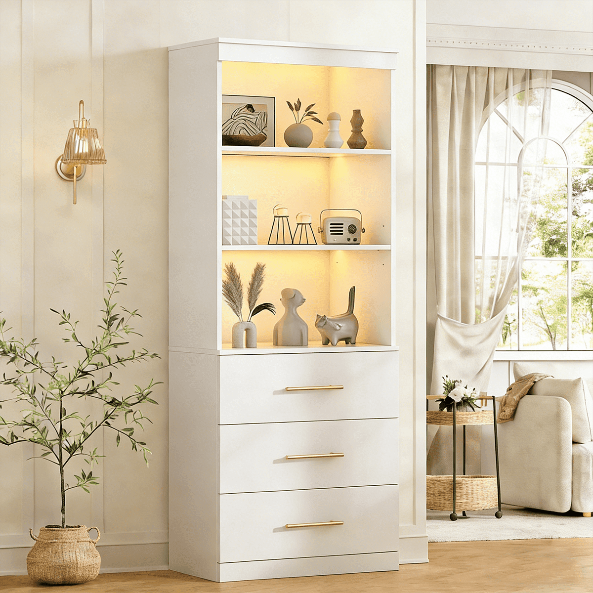Frmobepts 71" Tall Bookcases with 3 Large Drawers & 3 Shelves, Wooden Bookshelf for Living Room Office, White