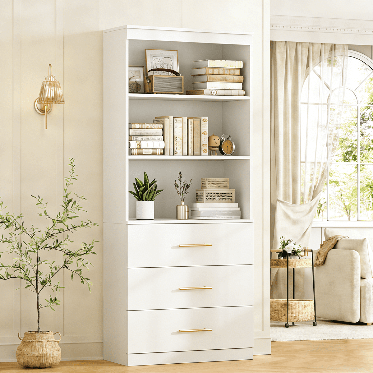 Frmobepts 71" Tall Bookcases with 3 Large Drawers & 3 Shelves, Wooden Bookshelf for Living Room Office, White