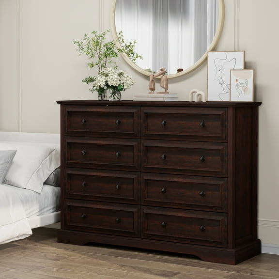 Frmobepts 8 Drawers Dresser Chests for Bedroom Farmhouse, Wood Rustic Tall Chest of Drawers, Cherry