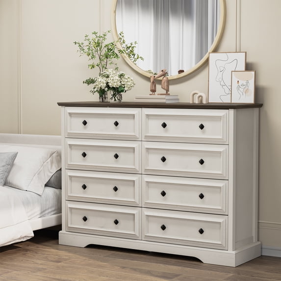 Frmobepts 8 Drawers Dresser Chests for Bedroom Farmhouse, Wood Rustic Tall Chest of Drawers, Ash White